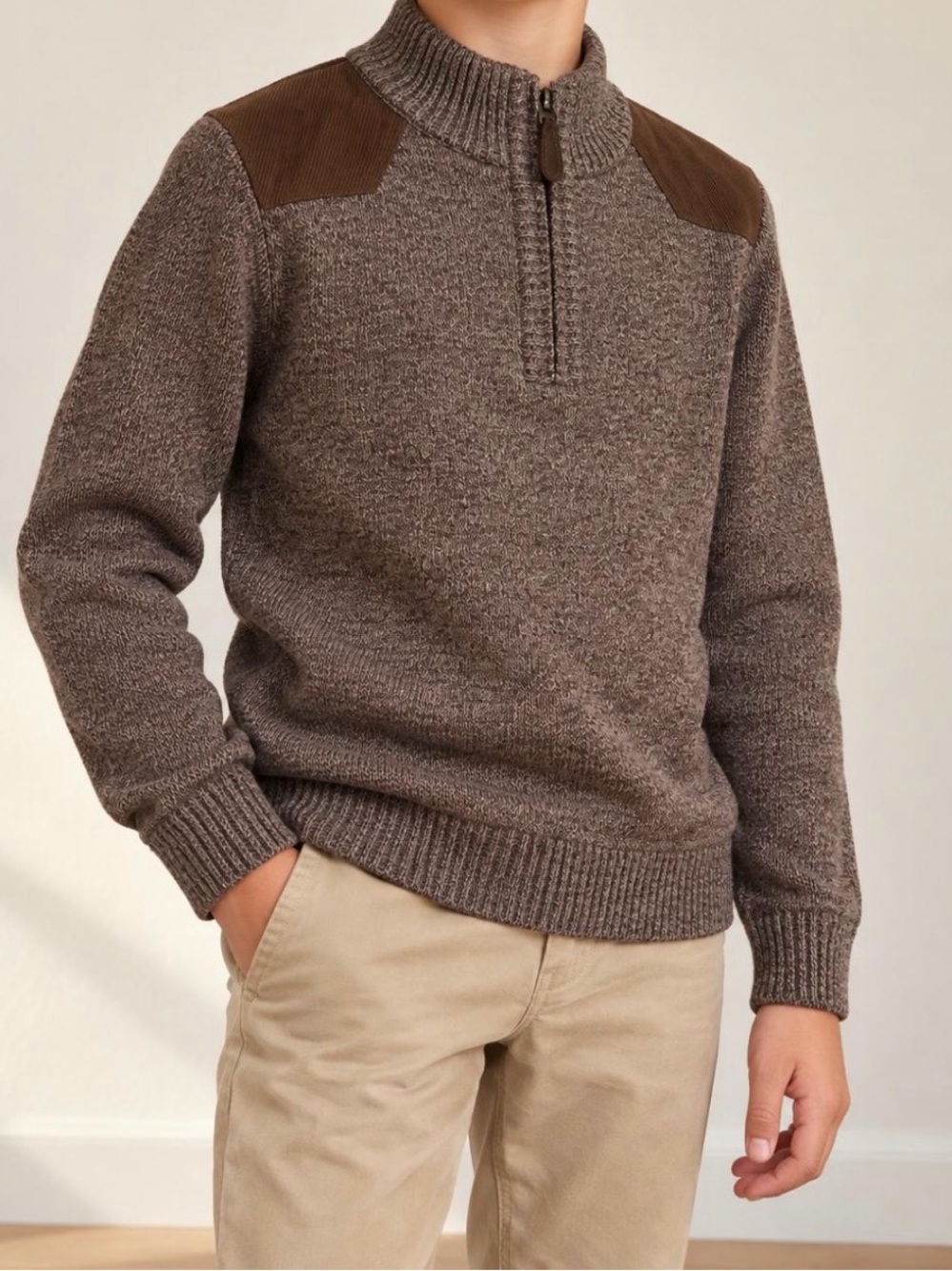 Day & Age Boys M 10/12 Brown Quarter Zip Plaid Fleece Lined Sweater